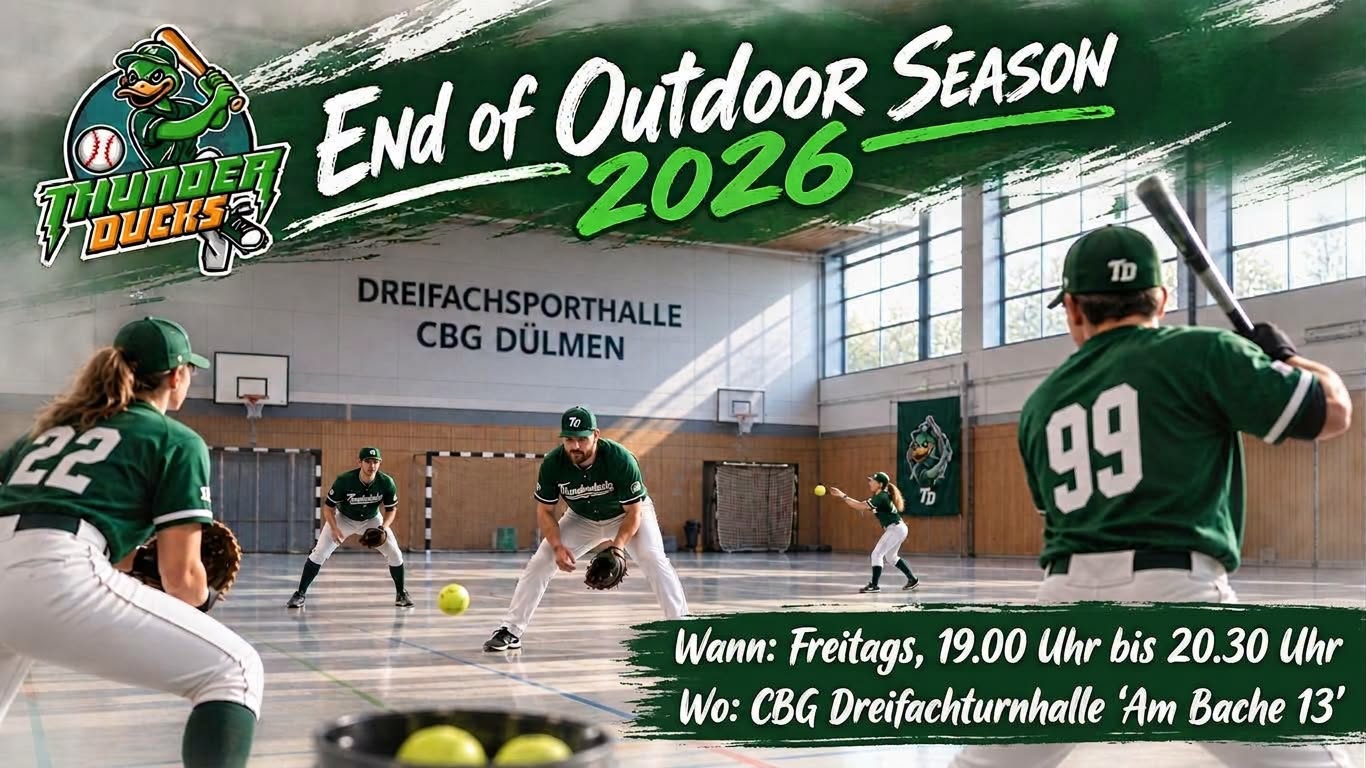 Ankündigung End of Outdoor Season 2026: Hallentraining der Thunderducks freitags 19:00 bis 20:30 Uhr in der CBG Dreifachturnhalle, Am Bache 13